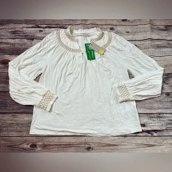 Boden WOMEN'S US 6 Ivory Smocked Yoke Gold Metallic Top Blouse Shirt NEW. 46 - Picture 1 of 7